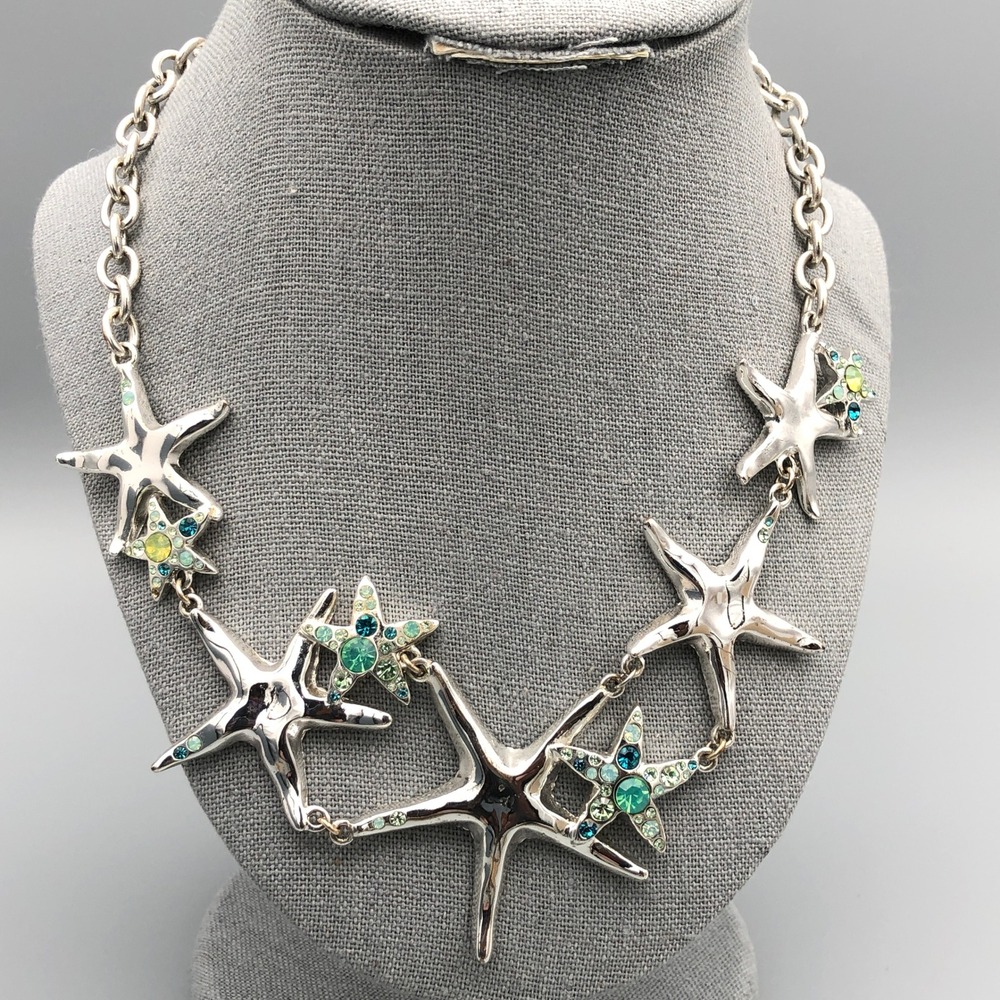 St. Thomas Starfish Necklace Silver Tone Blue Green Rhinestone Coastal Beach